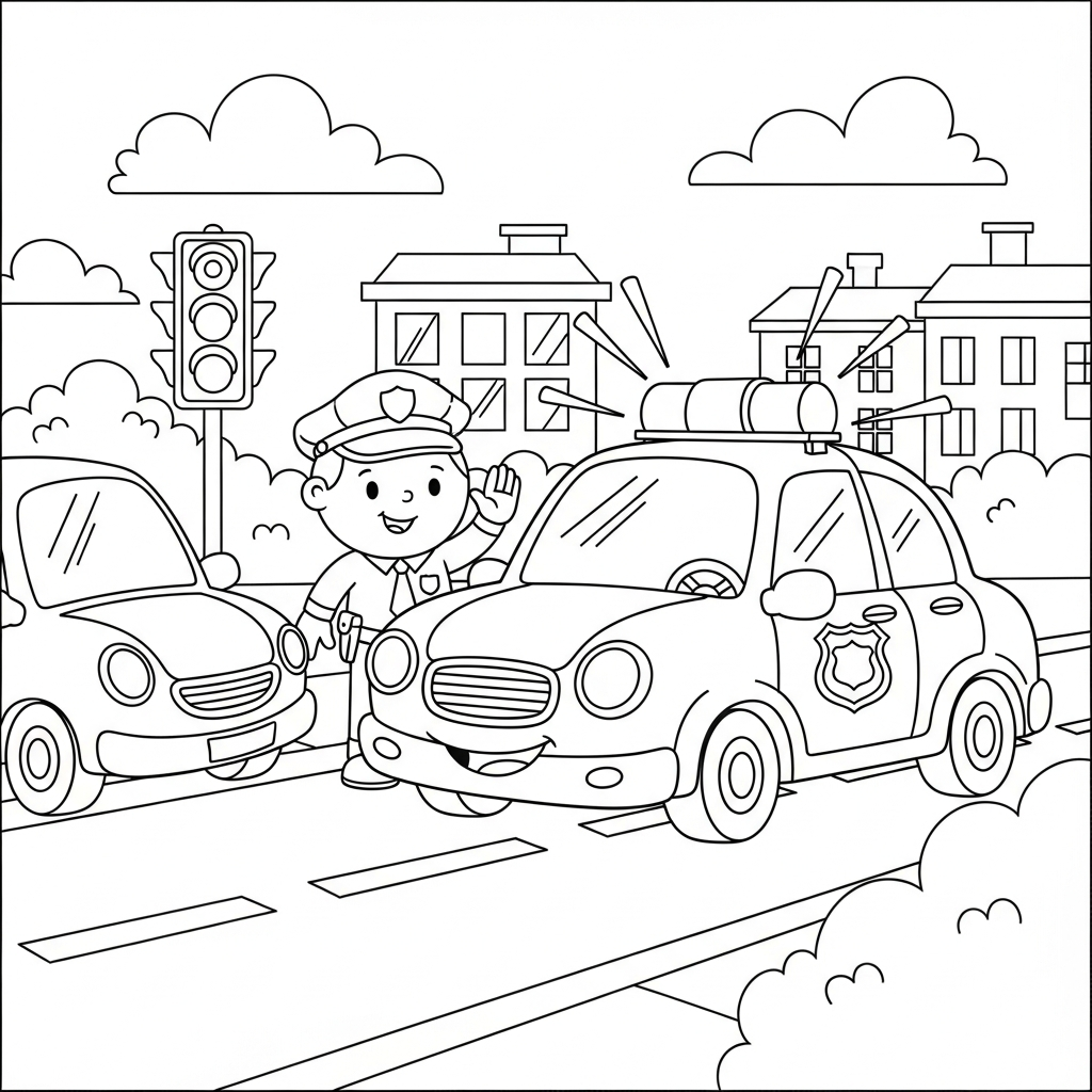 Fun Medium Cartoon Police Car Coloring Page for Kids coloring page