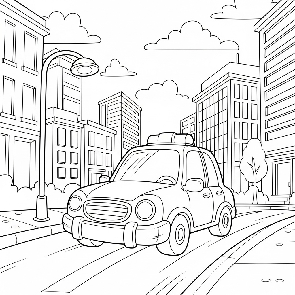 Coloring Page of a Medium Cartoon Police Car in Downtown coloring page