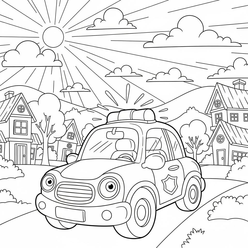 Kleurplaat van een Medium Cartoon Politiewagen in Buurt Scene coloring page
