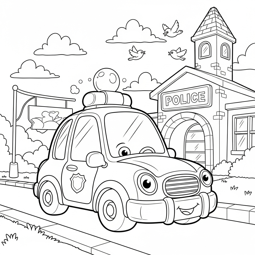 Coloring Page of a Cartoon Police Car by the Station coloring page
