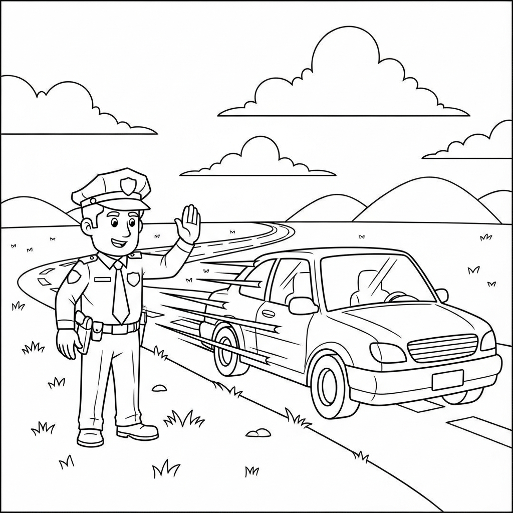 Page à Colorier Policier de Dessin Animé Arrêtant une Voiture En Surcharge coloring page