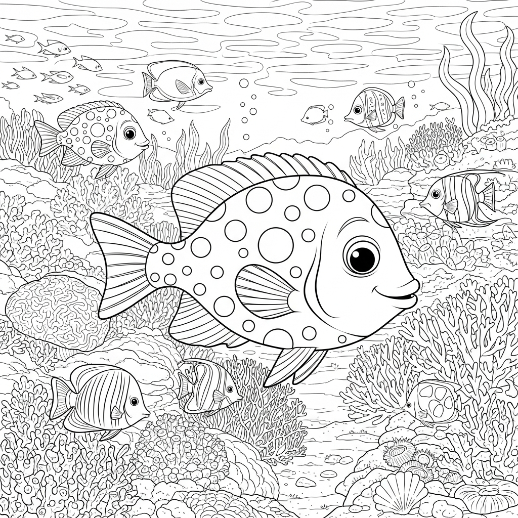 Medium Cartoon Polka Dot Fish Coloring Page in Coral Reef coloring page