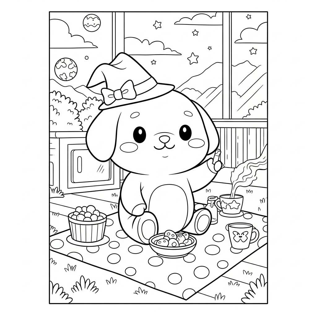 Medium Cartoon Polka Dot Picnic Blanket Coloring Page coloring page