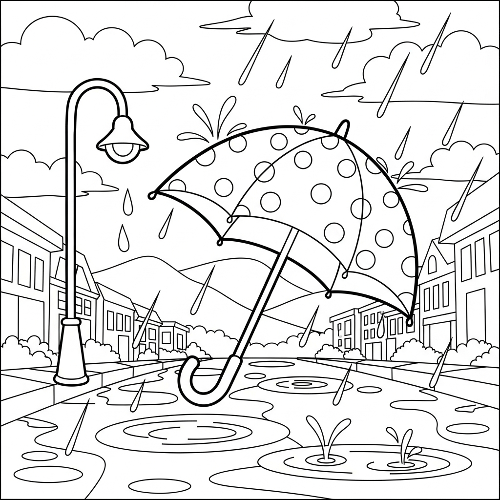 Página para Colorear de Sombrilla de Caricatura con Lunares en Calle Lluviosa coloring page printable