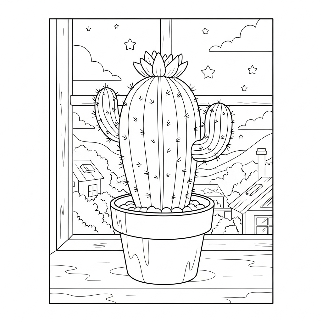 Coloring Page of a Cartoon Potted Cactus on a Windowsill coloring page