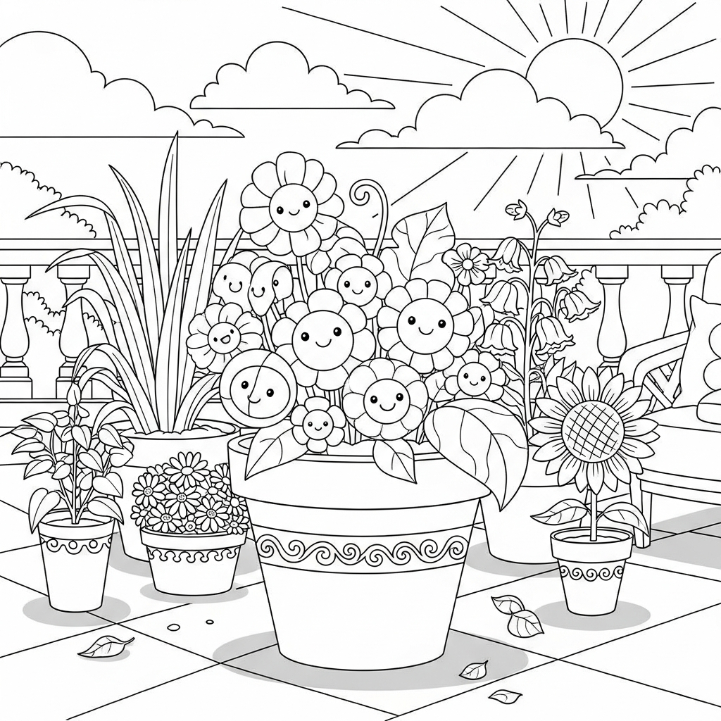Página Para Colorear: Flores en Macetas en un Patio coloring page