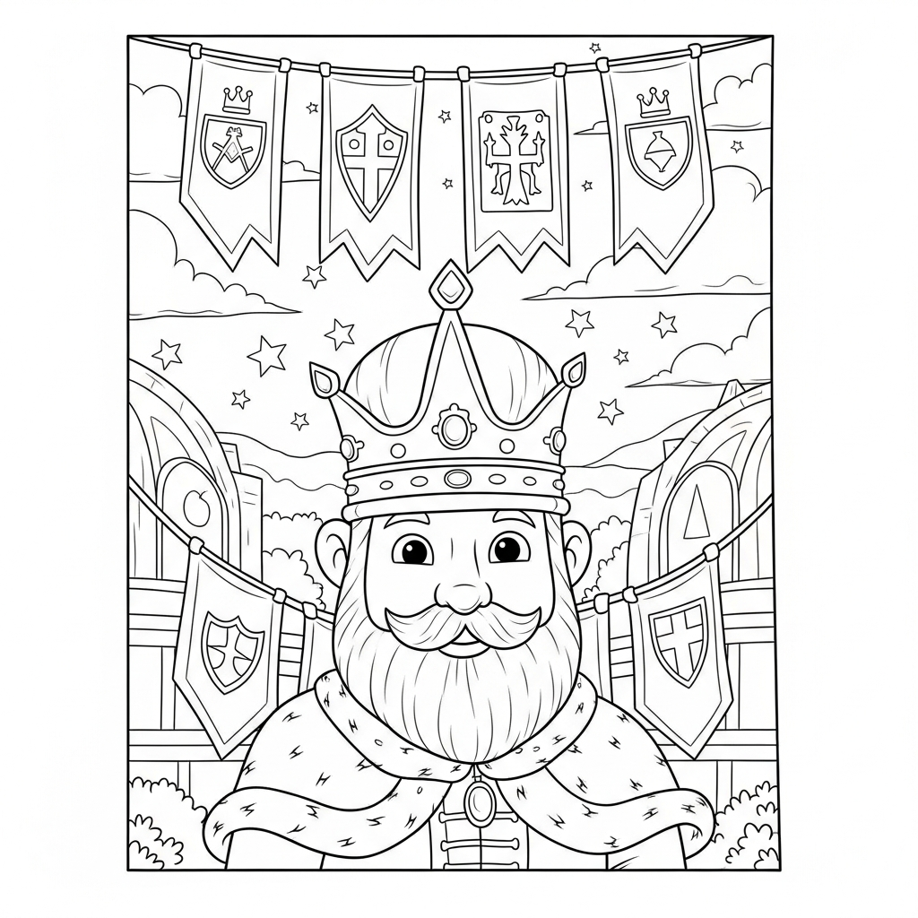 Pagina da Colorare di una Corona da Principe Cartone Medio tra Bandiere Nobili coloring page