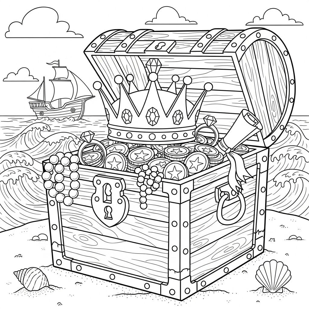 Medium Cartoon Prince's Crown in Treasure Chest Coloring Page coloring page