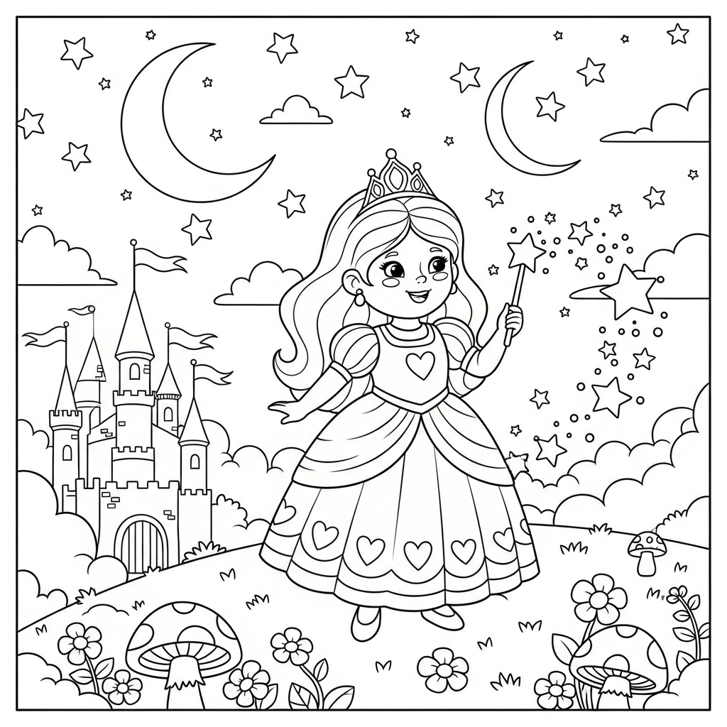 Enchanting Cartoon Princess with Magic Wand Coloring Page coloring page