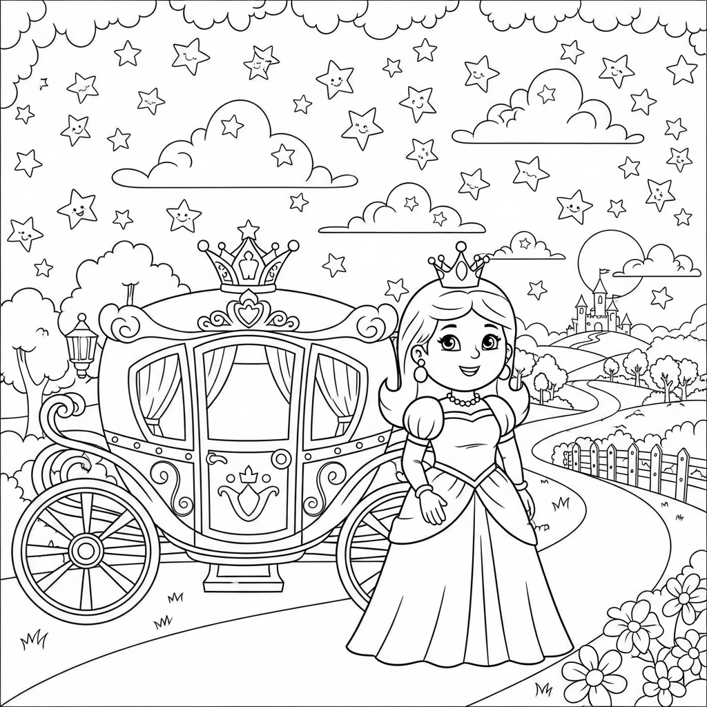Coloring Page of a Charming Cartoon Princess with Royal Carriage coloring page