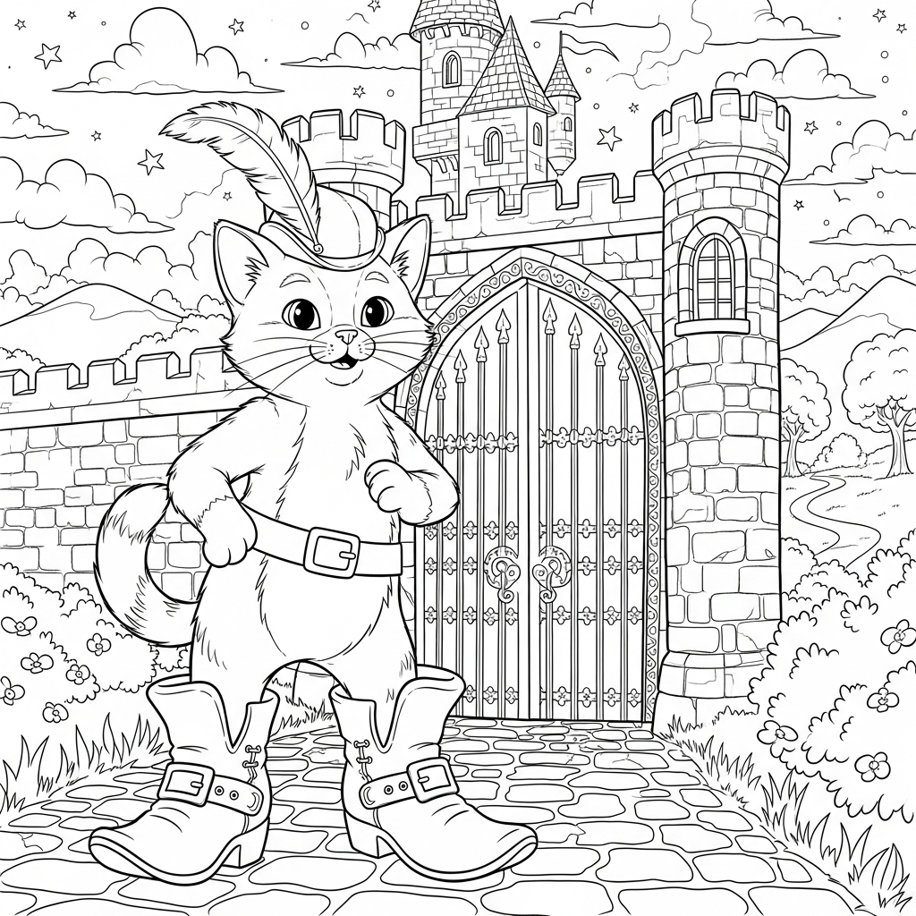 Mittlere Cartoon-Papiermalvorlage von Puss in Boots und Stiefeln am Burgtor coloring page