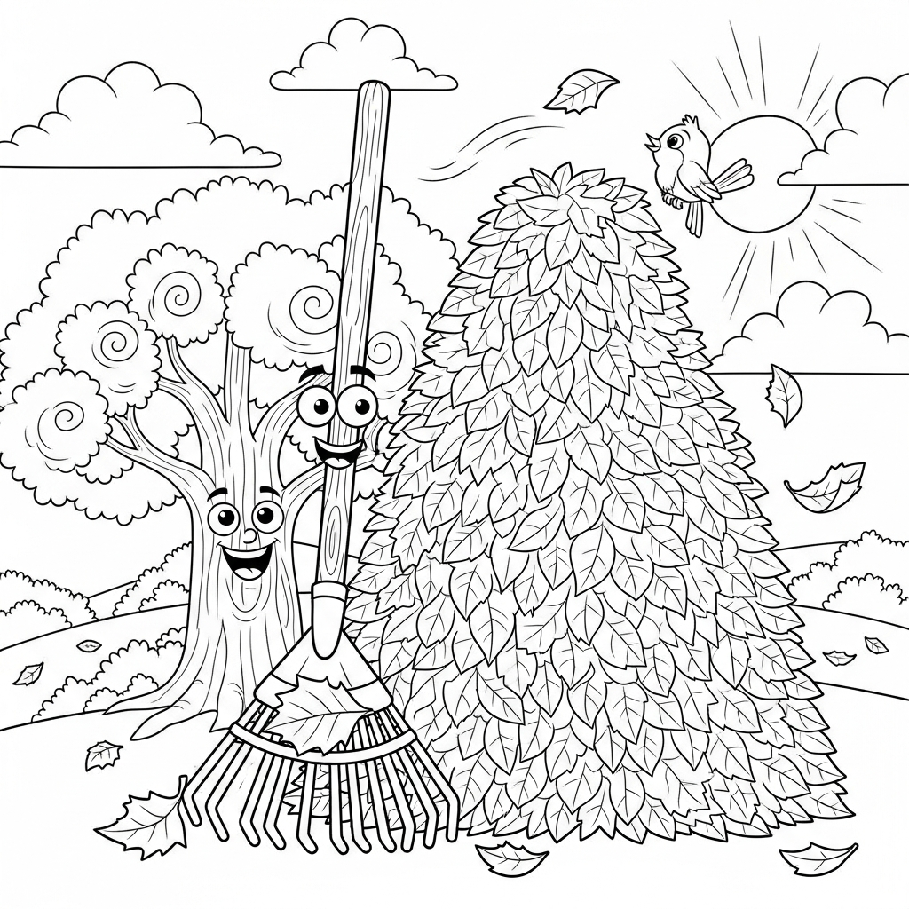 Page à Colorier Râteau et Tas de Feuilles en Dessin Animé Moyen coloring page
