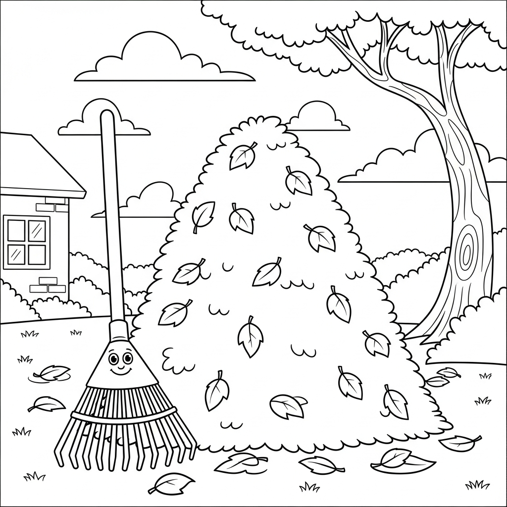 Fun Medium Cartoon Rake & Leaf Pile Coloring Page coloring page