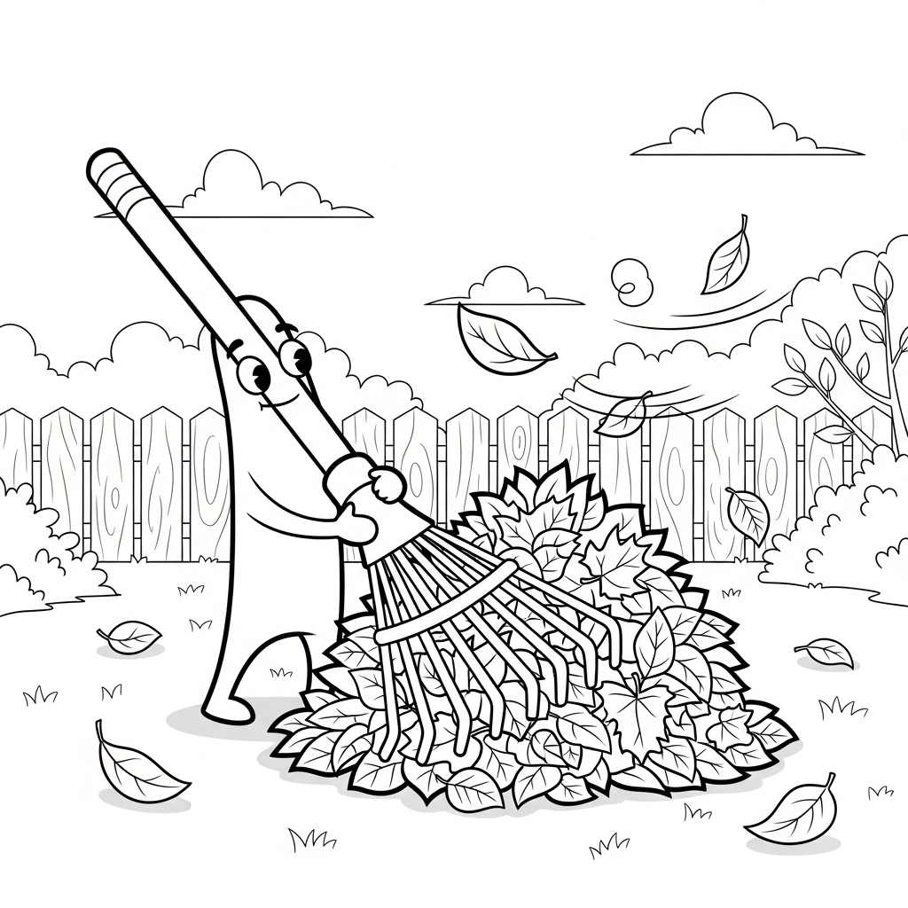 Dessin à Colorier de Râteau Cartoon Collectant des Feuilles dans le Jardin coloring page
