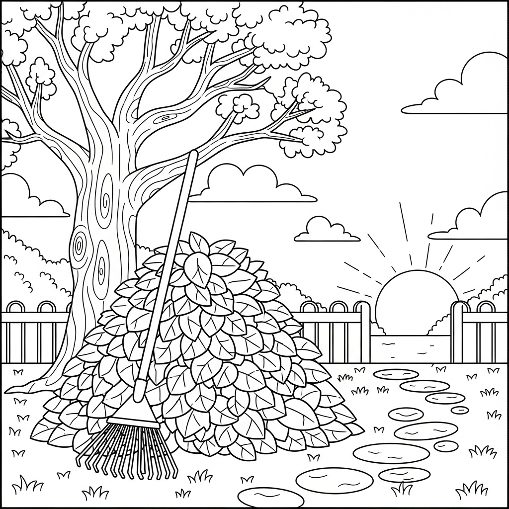 Page à Colorier : Medium Cartoon avec Râteau et Pile de Feuilles coloring page