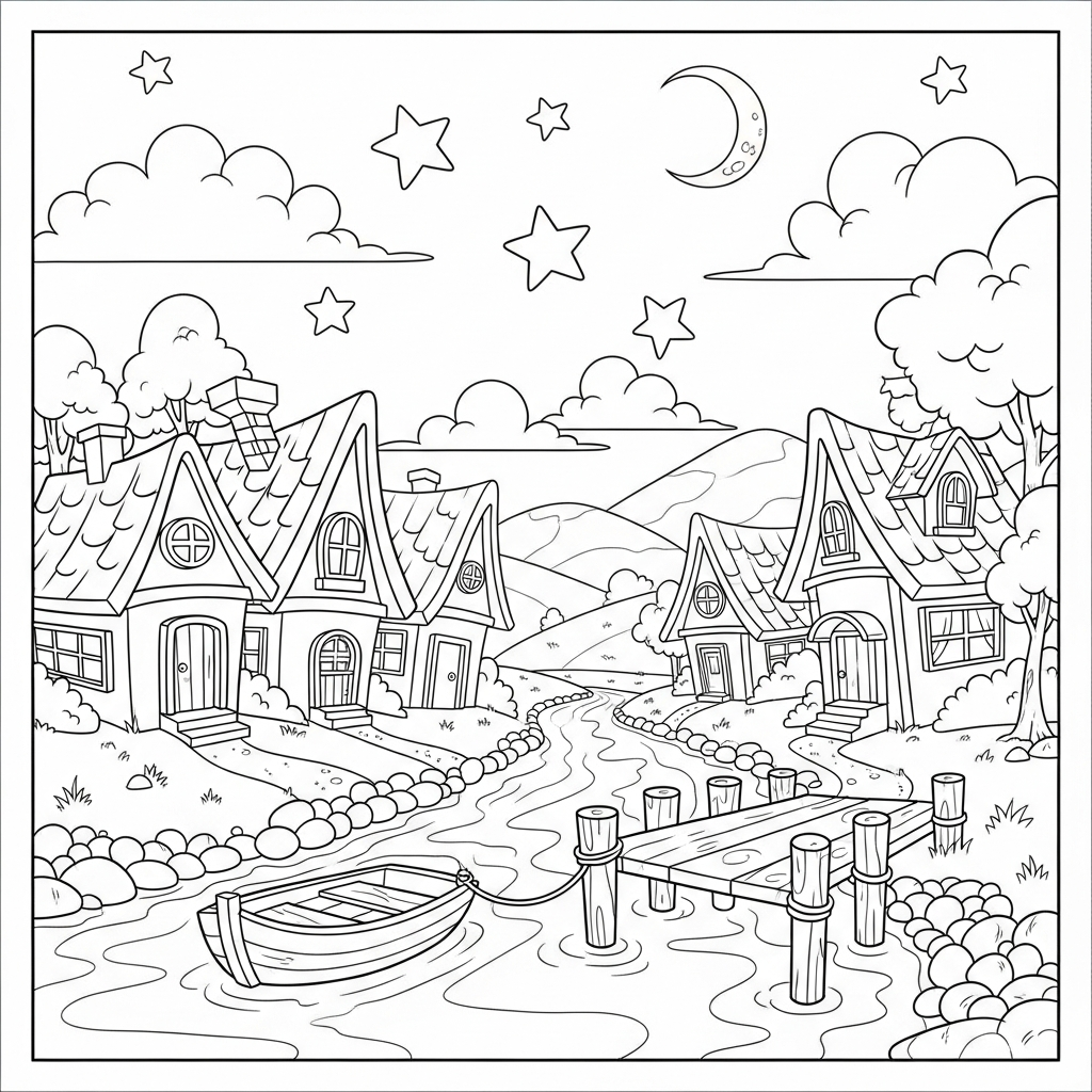Medium Cartoon Riverside Village Coloring Page for Kids coloring page