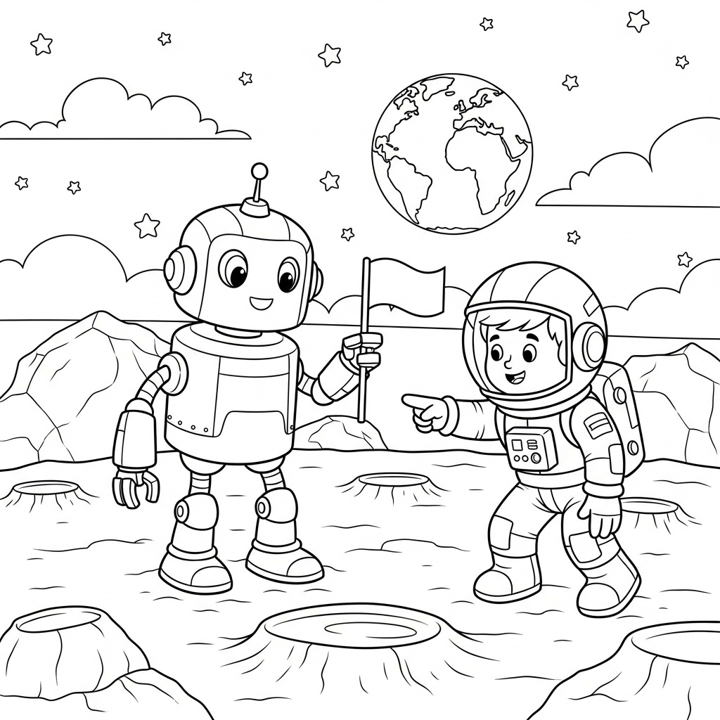 Pagina da Colorare con Robot Cartoni Animati e Astronauta sulla Luna coloring page
