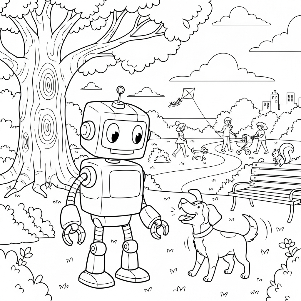 Página Para Colorear de Robot de Caricatura Mediano y Perro en el Parque coloring page
