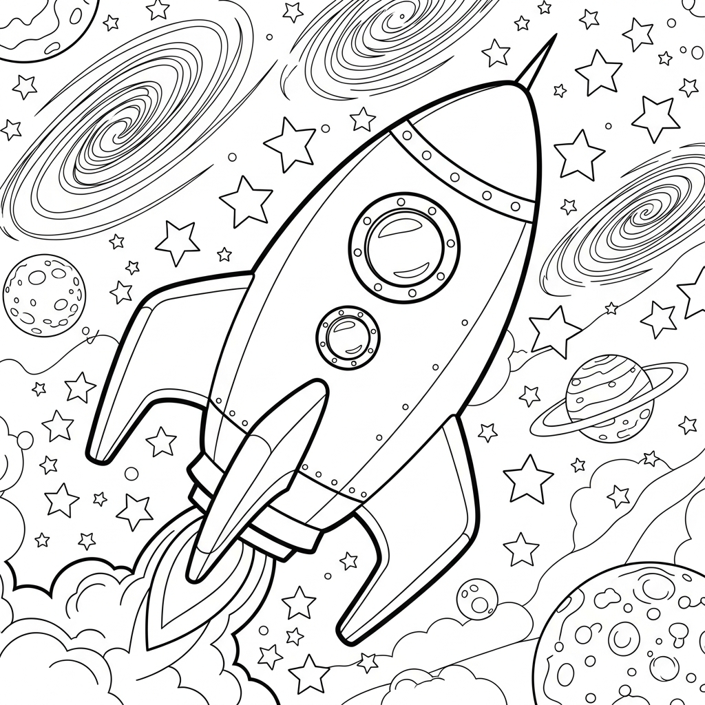Vaisseau spatial cartoon moyen dans une galaxie - Page à colorier coloring page