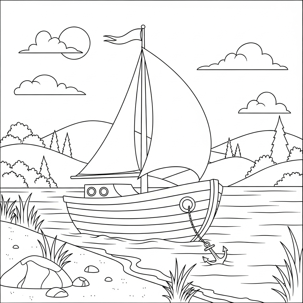 Medium Cartoon Sailboat Coloring Page for Kids coloring page