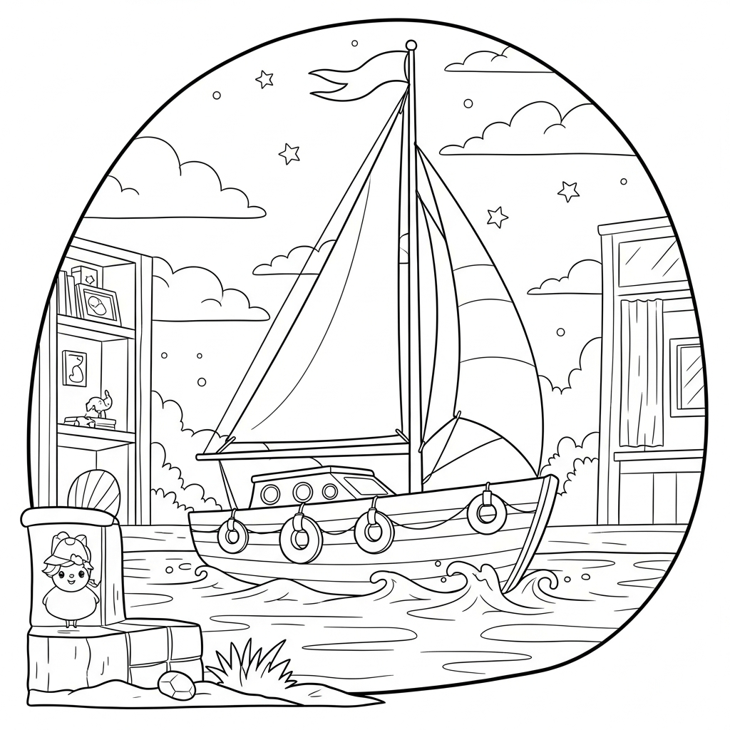 Fun Medium Cartoon Sailboat Coloring Page for Kids coloring page