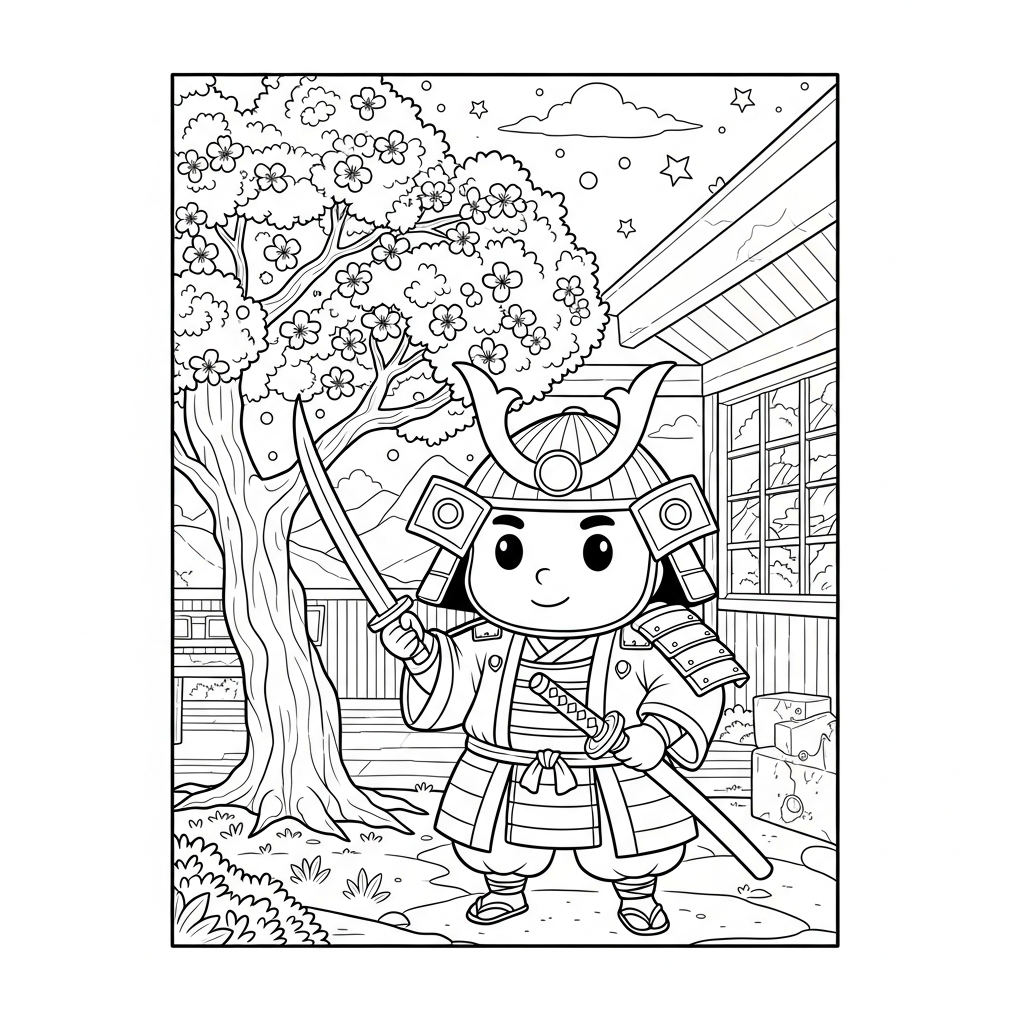 Cartoon Samurai Coloring Page with Cherry Blossom Tree coloring page