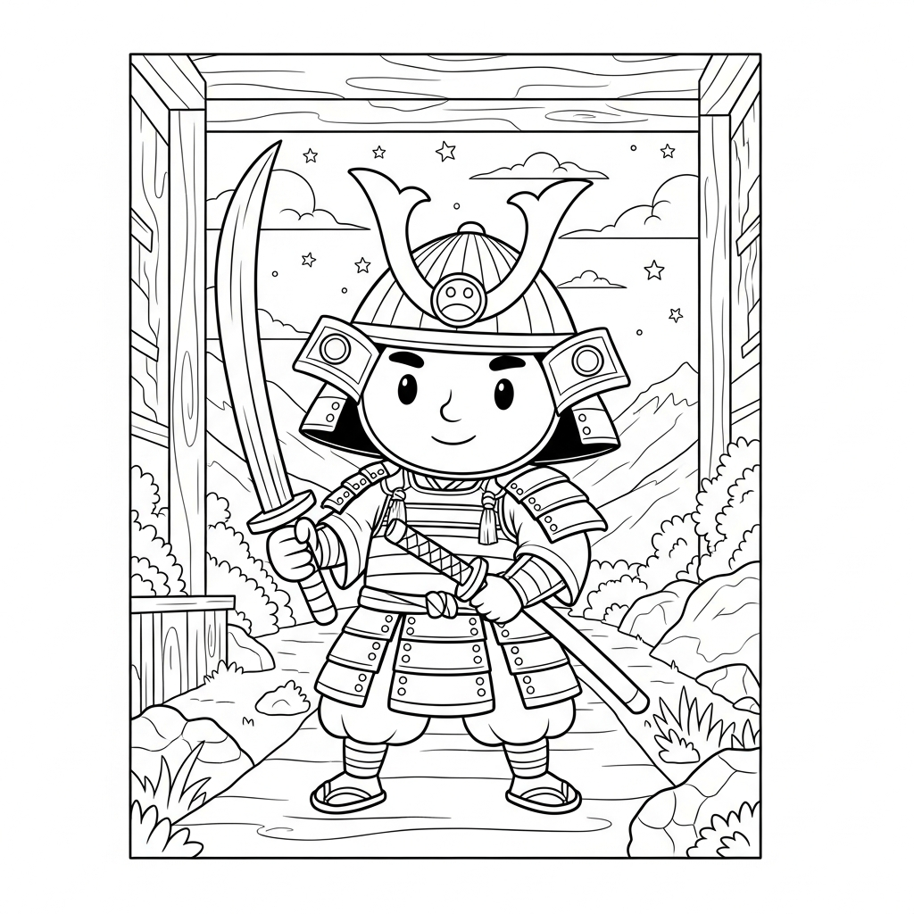Disegno da Colorare: Samurai Cartone Medio Su Sentiero Montano coloring page