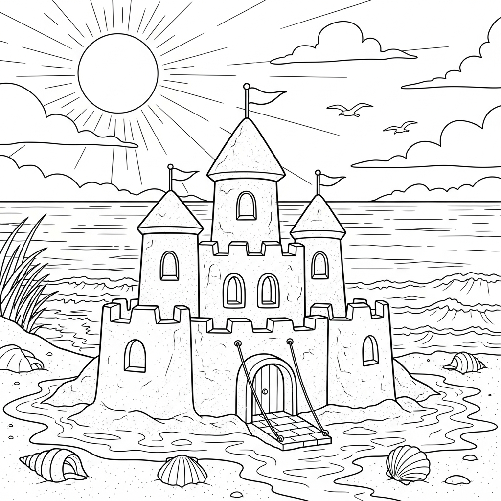 Medium Cartoon Sandcastle Coloring Page by the Water coloring page