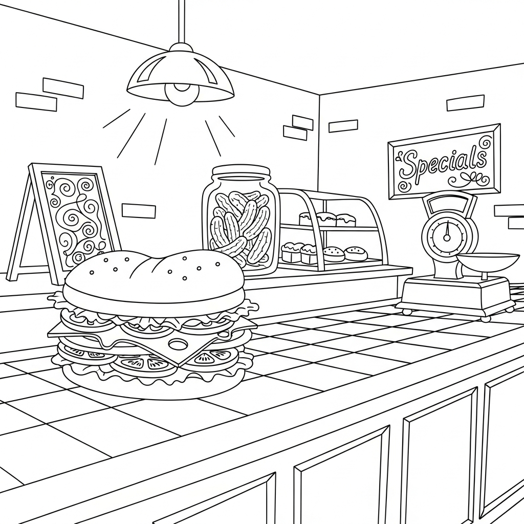 Coloriage de Sandwich Cartoon Moyen sur Comptoir de Deli coloring page