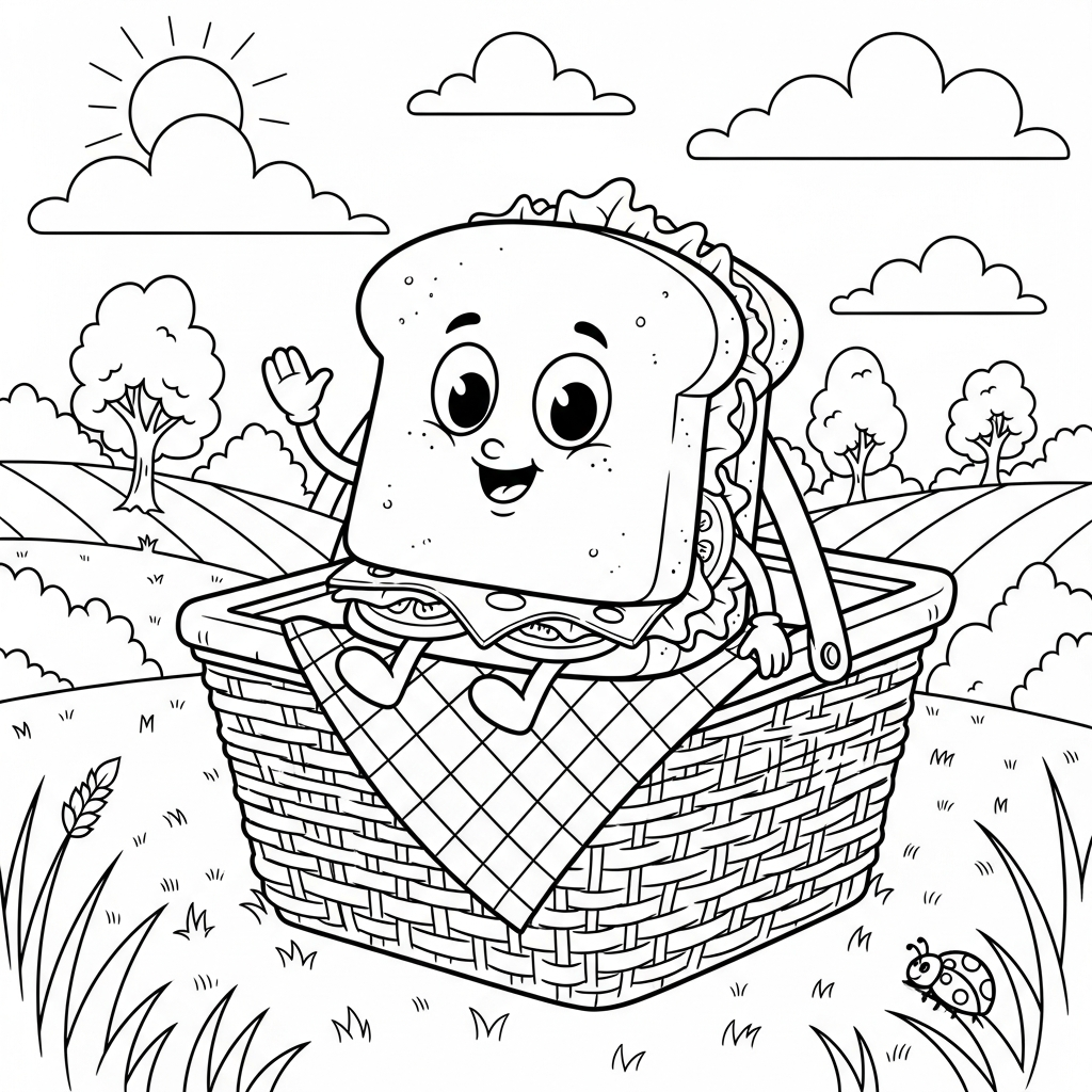 Cartoon Sandwich Coloring Page for Kids coloring page