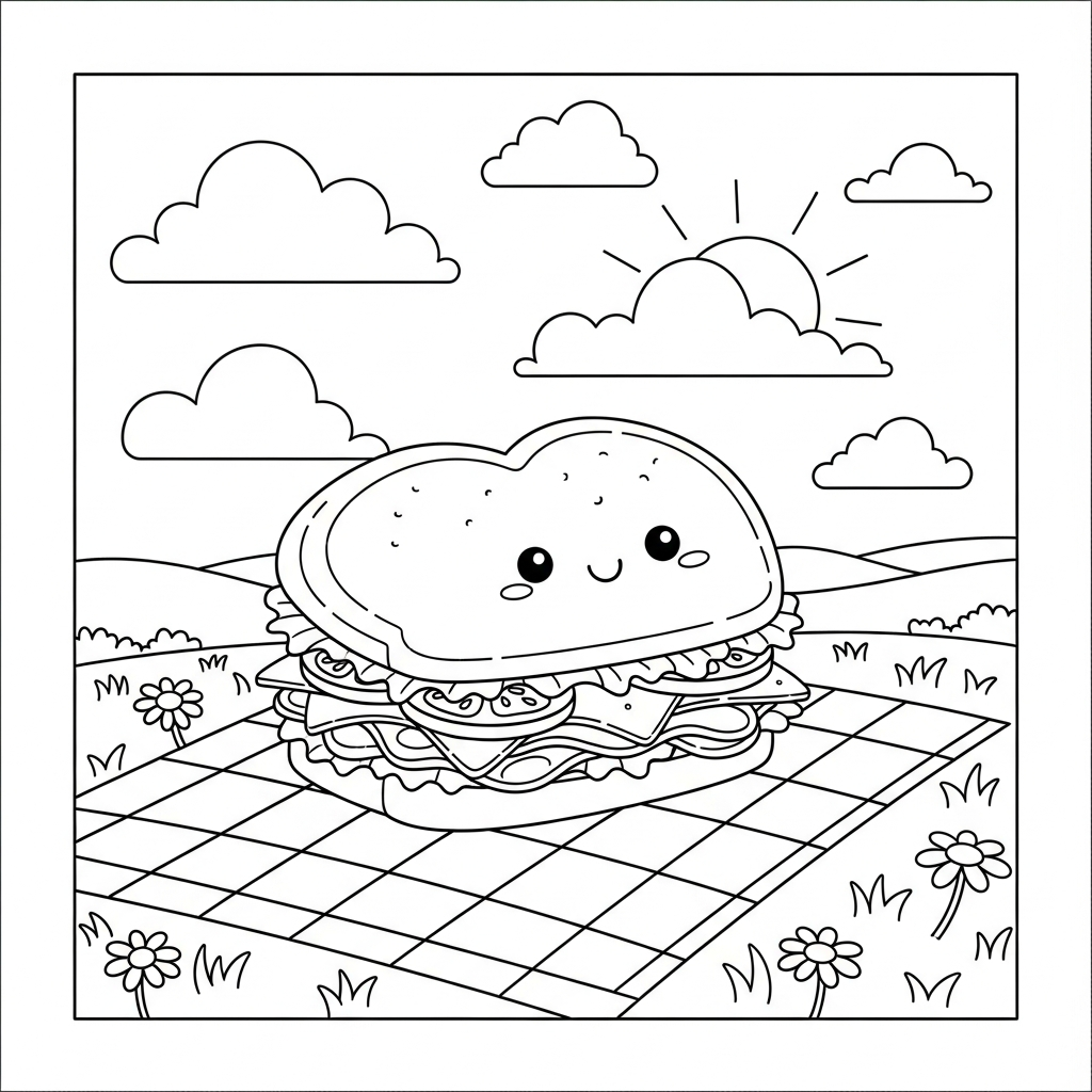 Mittlere Cartoon-Sandwich auf Picknickdecke Ausmalbild coloring page printable