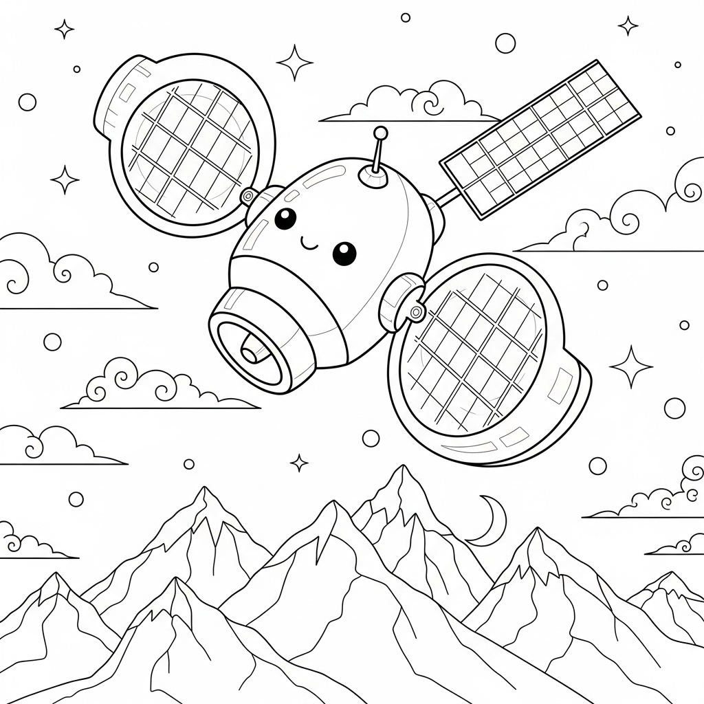 Página para Colorear: Satélite Cartoons Sobre un Paisaje Montañoso coloring page
