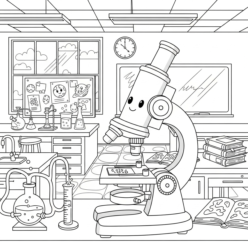 Mittlere Cartoon Wissenschafts Klassenzimmer Mikroskop Szenen Malvorlage coloring page printable