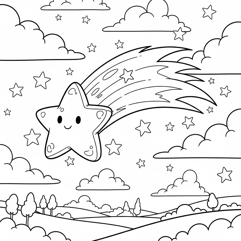 Medium Cartoon Shooting Star Trail Coloring Page for Kids coloring page