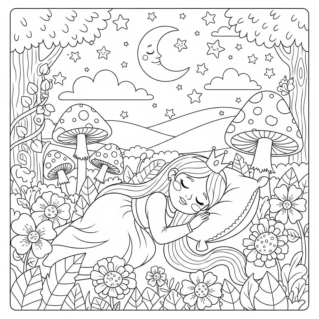 Middelgrote Cartoon Sluimerende Prinses in Betoverde Tuin Kleurplaat coloring page
