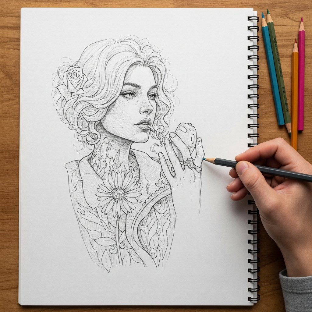 Coloring Page: Snow White in Dark Woodland with Apple coloring page