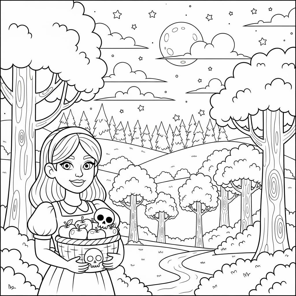 Medium Cartoon Snow White Coloring Page with Poisoned Apple Basket coloring page