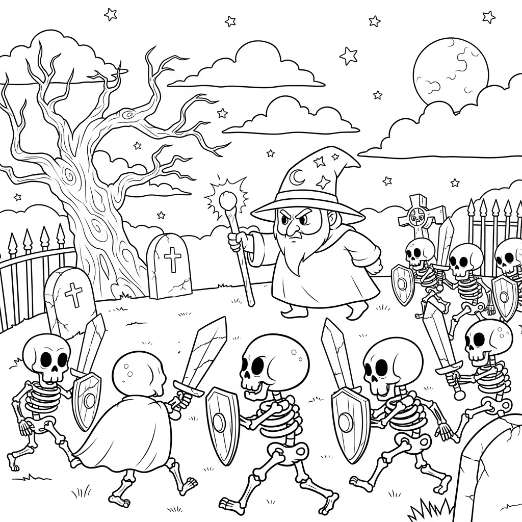 Coloring Page of a Cartoon Sorcerer Battling a Skeleton Army in a Graveyard coloring page