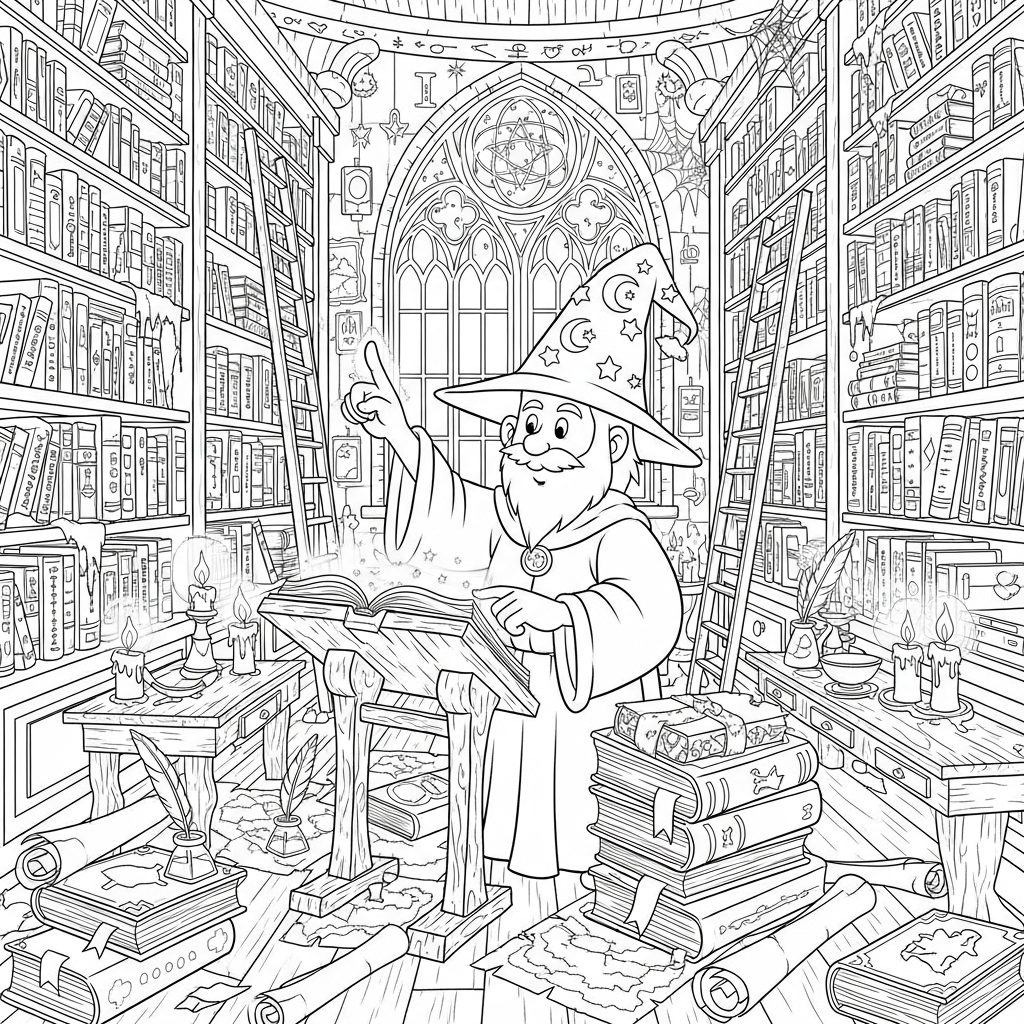Magical Cartoon Sorcerer in a Spellbinding Library Coloring Page coloring page