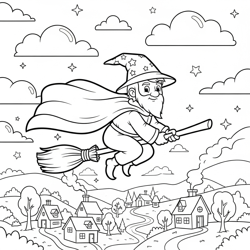 Medium Cartoon Sorcerer on a Flying Broom Coloring Page coloring page