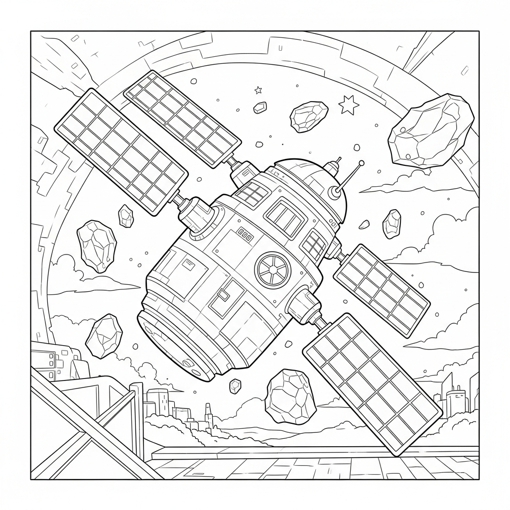 Fun Cartoon Space Station Coloring Page with Flying Debris coloring page