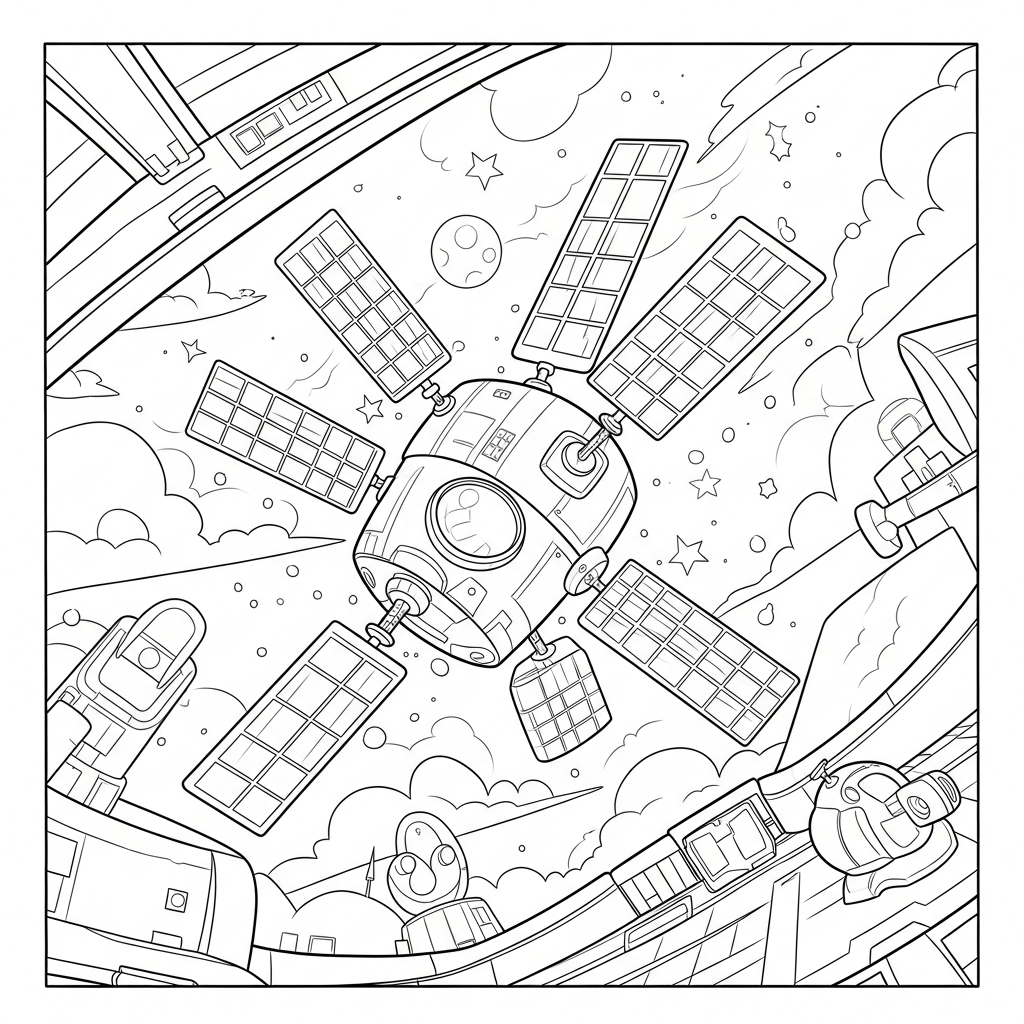 Page à Colorier: Station Spatiale Cartoon Moyenne avec Réseau de Satellites coloring page