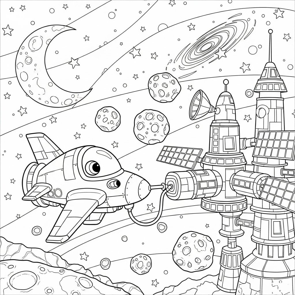 Middelgrote Cartoon Ruimteschip Die Aan Een Ruimtestation Dockt Kleurpagina coloring page