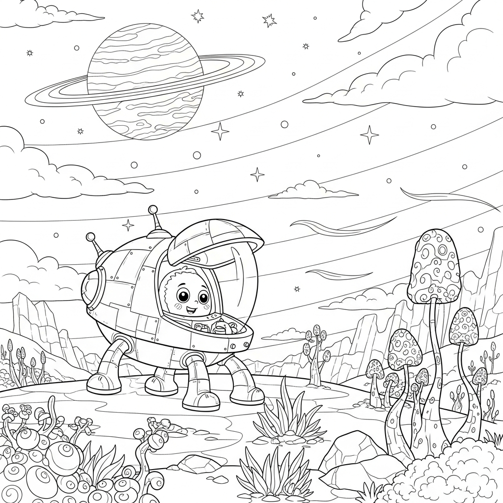 Cartoon Spaceship Landing on a Planet Coloring Page coloring page