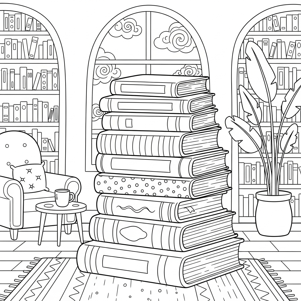Página para Colorear de una Montaña de Libros de Caricatura en la Biblioteca coloring page printable