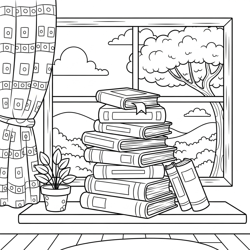 Coloring Page: Cartoon Books by the Window coloring page