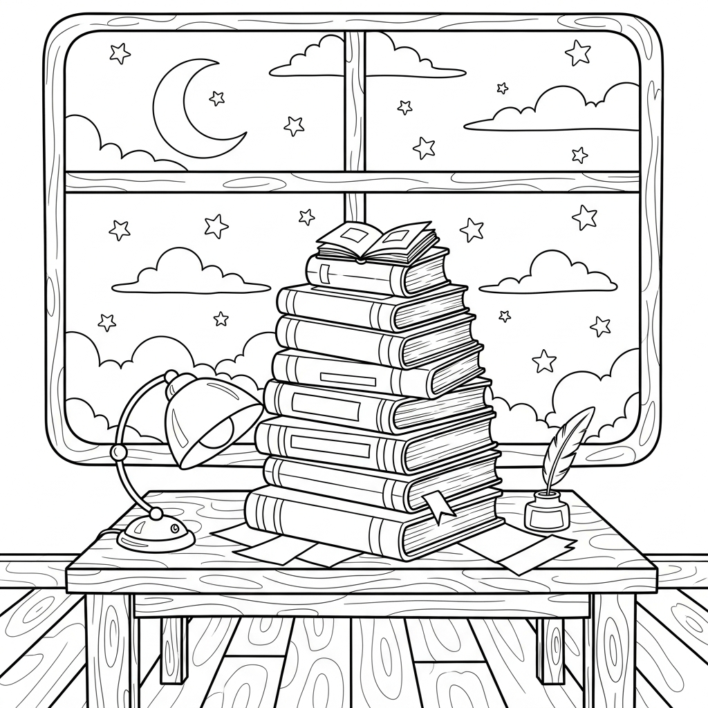 Fun Cartoon Books on Desk Coloring Page for Kids coloring page