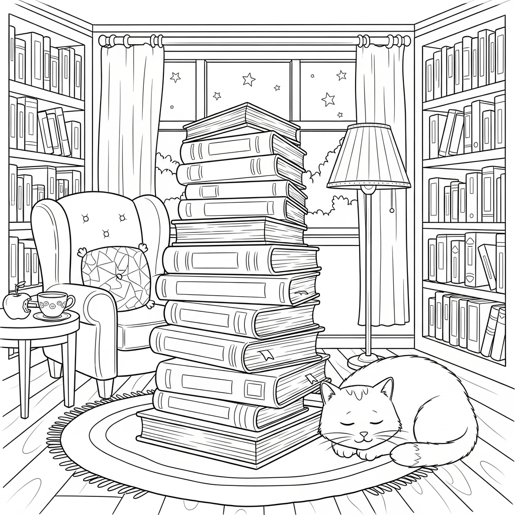Página para Colorear: Montón de Libros de Dibujos Animados con Gato al Lado coloring page printable