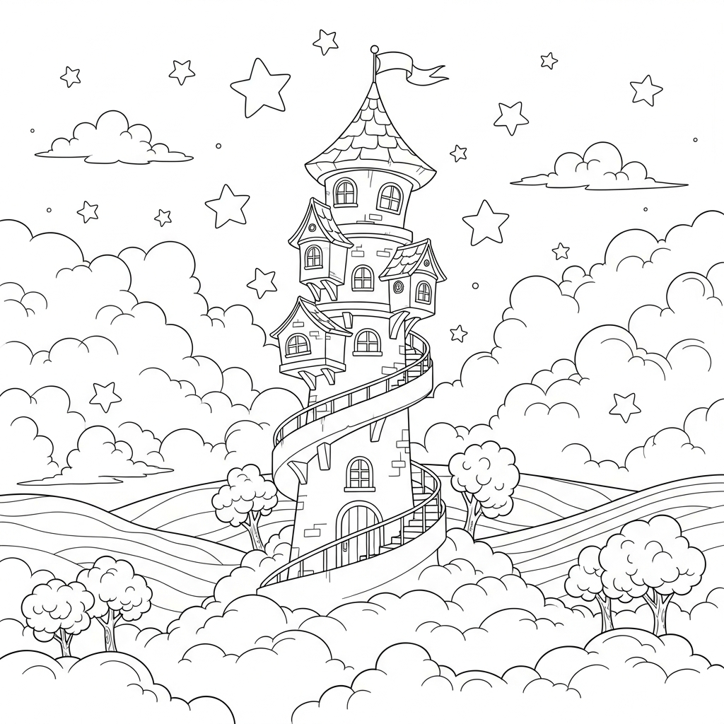 Cartoon Storybook Tower Coloring Page Above the Clouds coloring page