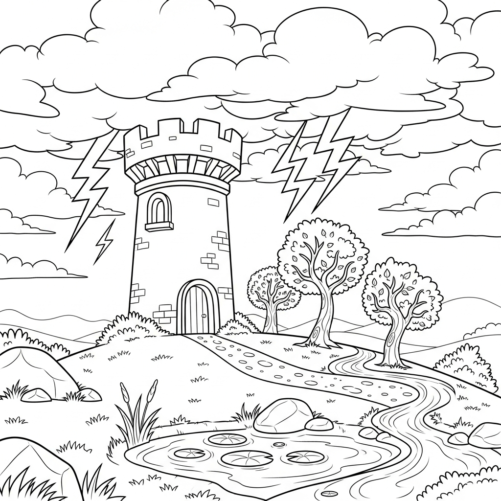 Medium Cartoon Storybook Tower Coloring Page Under a Stormy Sky coloring page